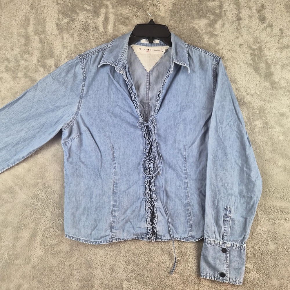 Vintage Tommy Hilfiger Denim Shirt XL Blue Chambray Ruffle Front Light Wash 90s